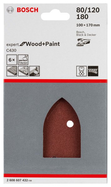 Schleifblatt C430, 100 x 170 mm, 2 x 80, 2 x 120, 2 x 180, 4 Löcher, 6er-Pack