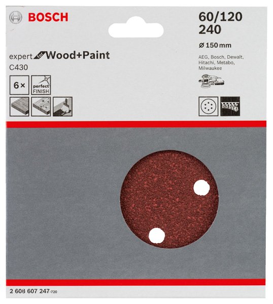 Schleifblatt C430, 150 mm, 60, 120, 240, 6 Löcher, Klett, 6er-Pack